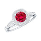 Vintage Inspired Round Created Ruby Engagement Ring with Diamond Halo