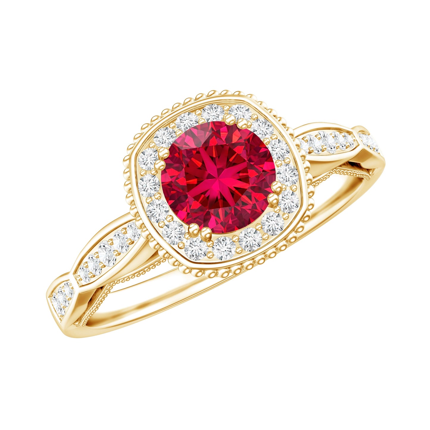 Vintage Inspired Round Created Ruby Engagement Ring with Diamond Halo