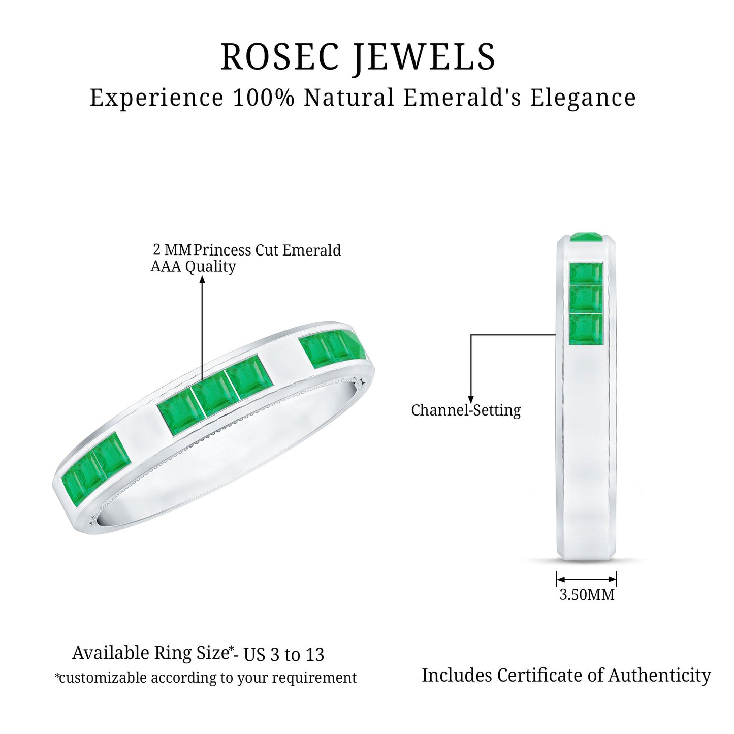 Princess Cut Emerald Mens Wedding Band in Channel Setting
