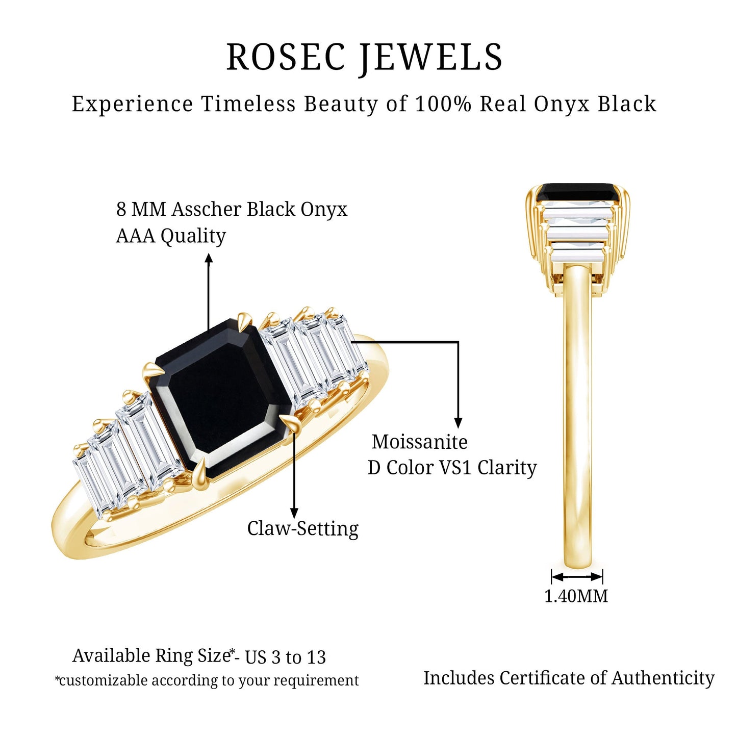 Asscher Cut Black Onyx Engagement Ring with Baguette Moissanite
