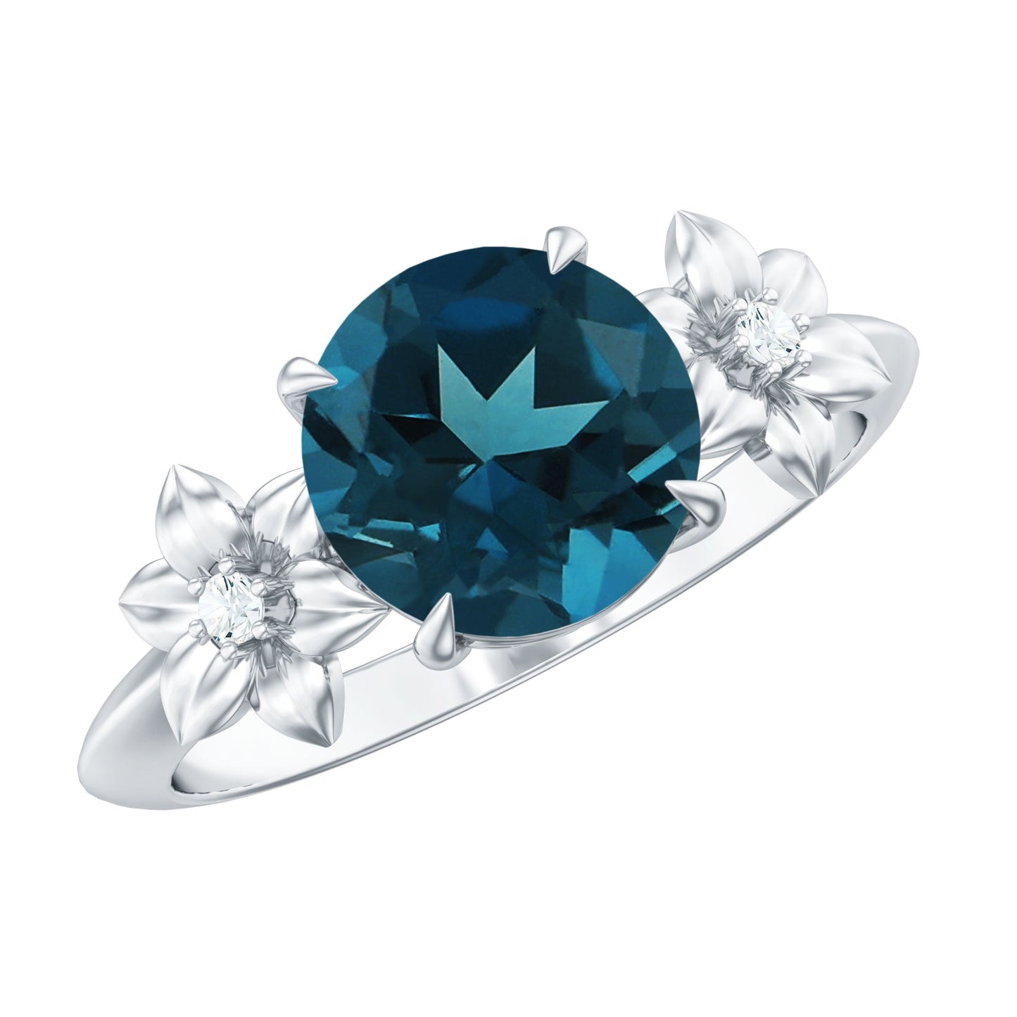 2 Carat Round London Blue Topaz Solitaire Floral Engagement Ring