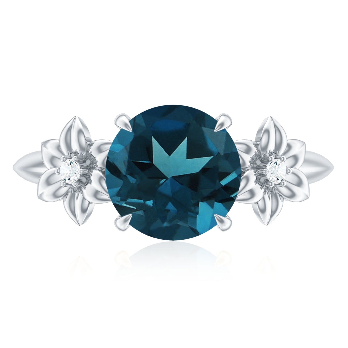 2 Carat Round London Blue Topaz Solitaire Floral Engagement Ring