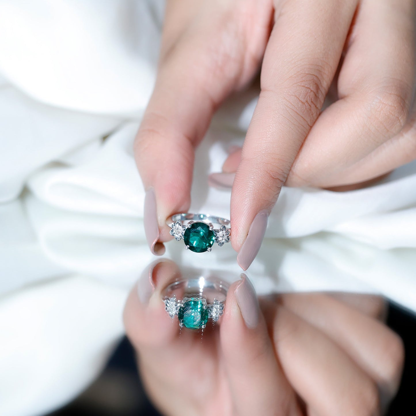 Certified Lab Grown Emerald Flower Engagement Ring with Diamond