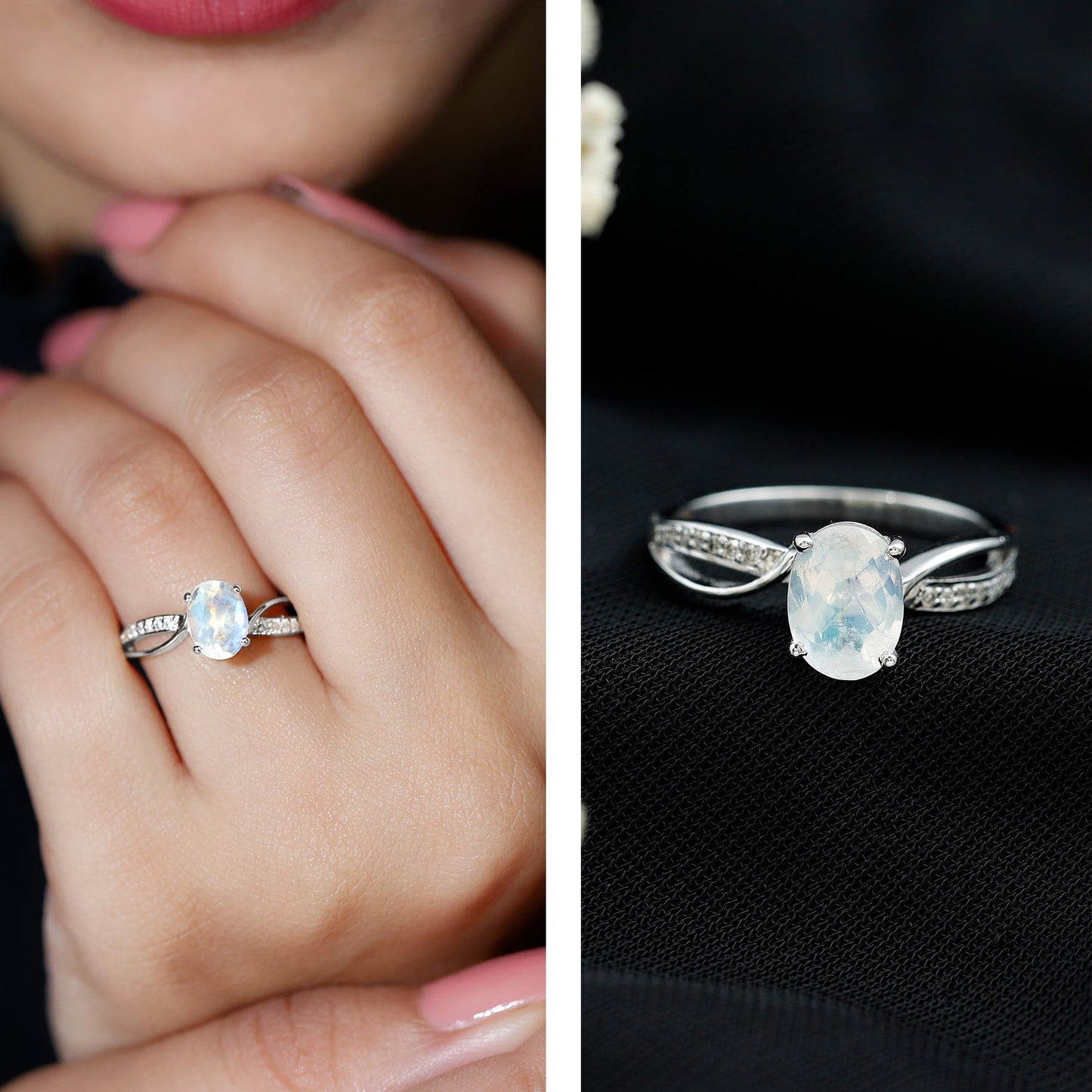 Oval Moonstone Infinity Engagement Ring with Diamond