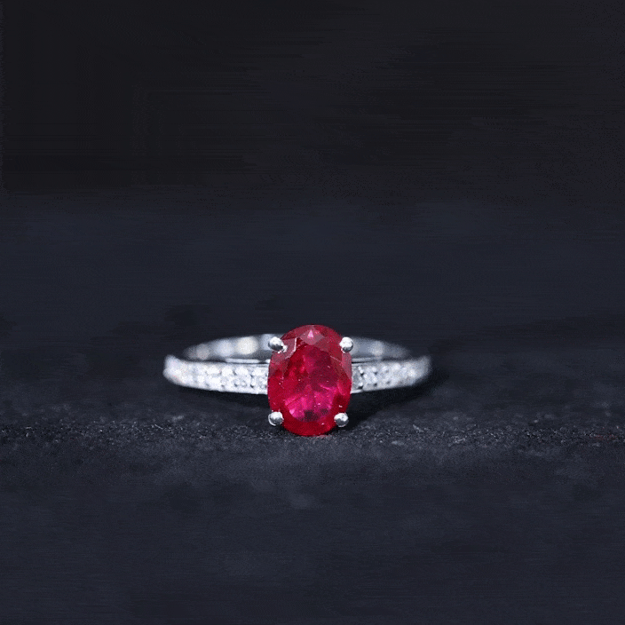 1.5 Carat Lab Grown Ruby Oval Engagement Ring with Diamond Side Stones