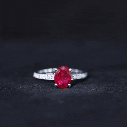 1.5 Carat Lab Grown Ruby Oval Engagement Ring with Diamond Side Stones