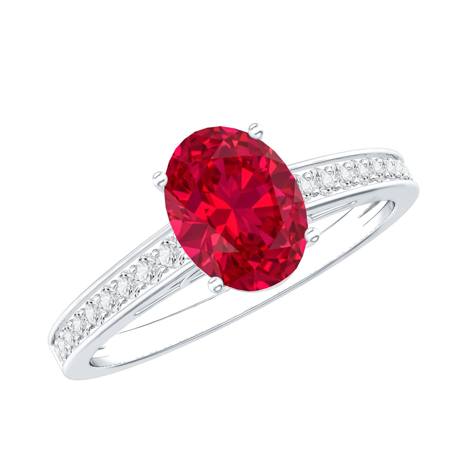 1.5 Carat Lab Grown Ruby Oval Engagement Ring with Diamond Side Stones