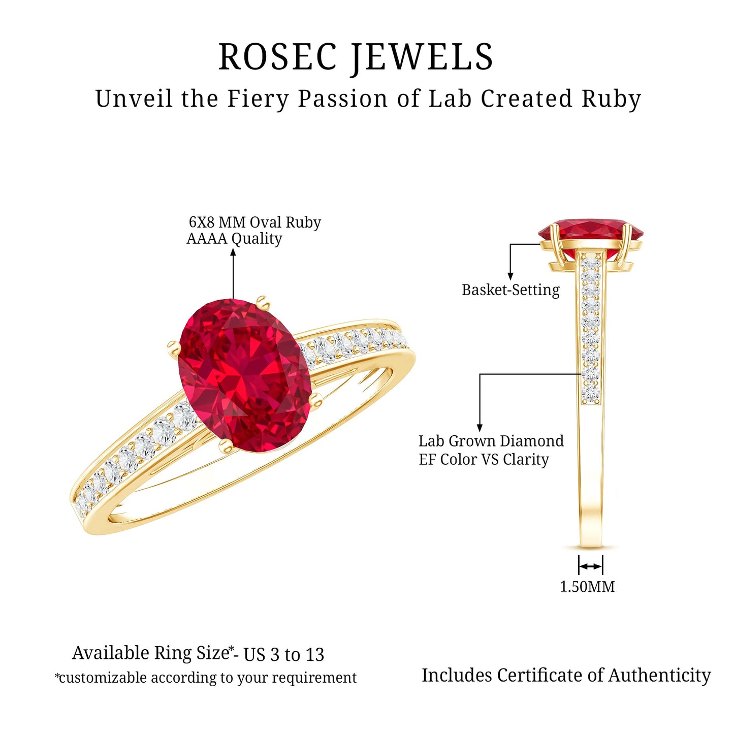 1.5 Carat Lab Grown Ruby Oval Engagement Ring with Diamond Side Stones