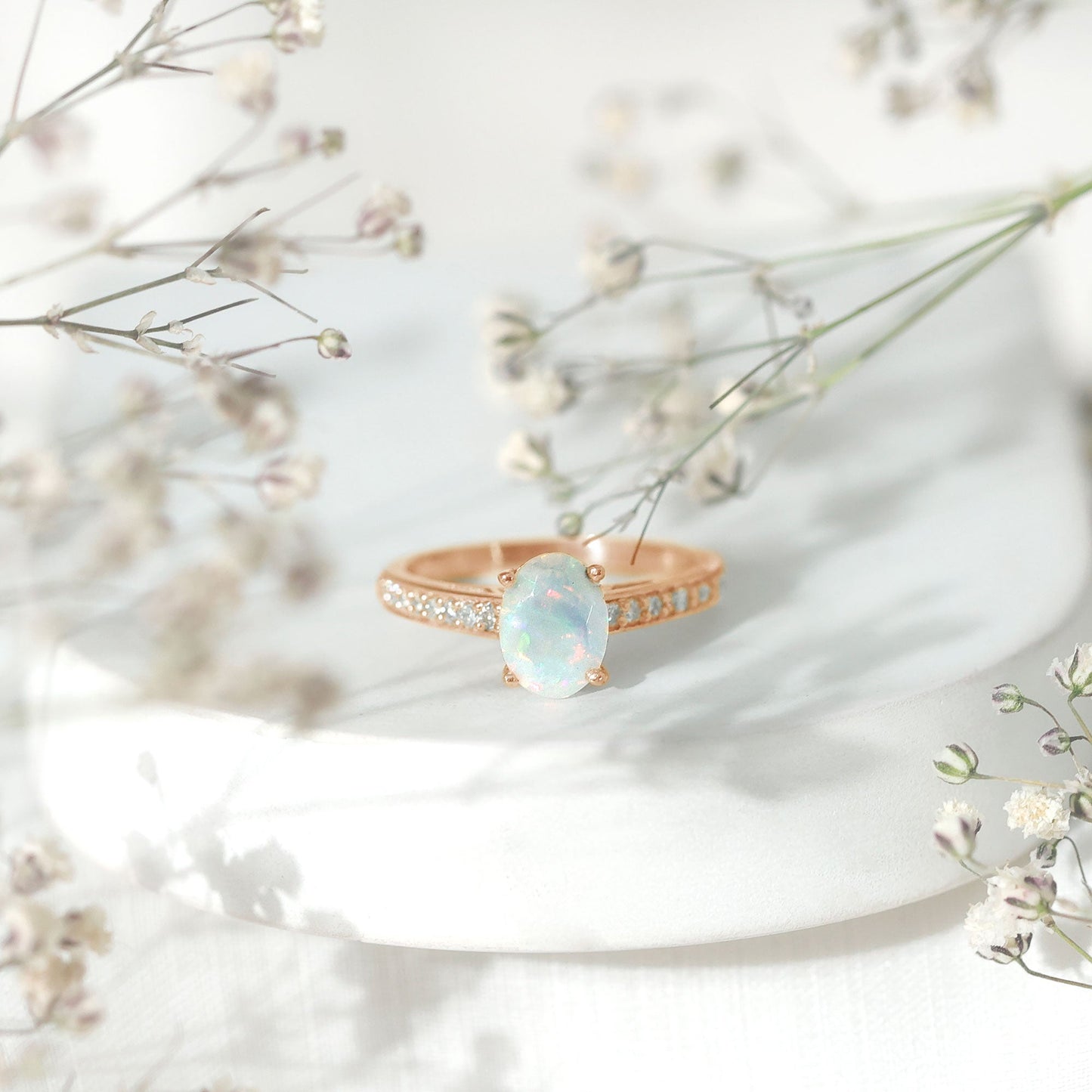 Natural 1.2 Carat Ethiopian Opal Oval Engagement Ring with Diamond Side Stones