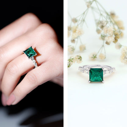 2.4 Carat Solitaire Lab Emerald Princess Cut Engagement Ring with Moissanite