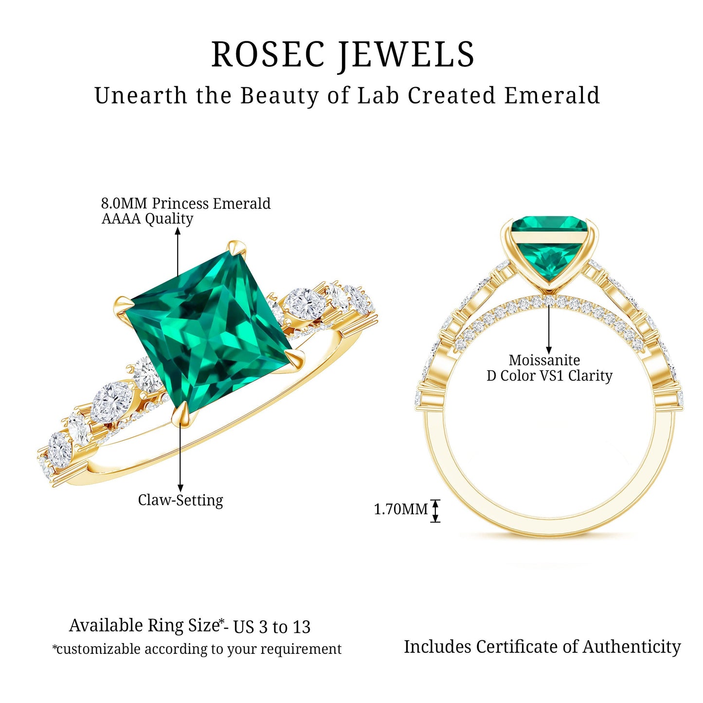 2.4 Carat Solitaire Lab Emerald Princess Cut Engagement Ring with Moissanite