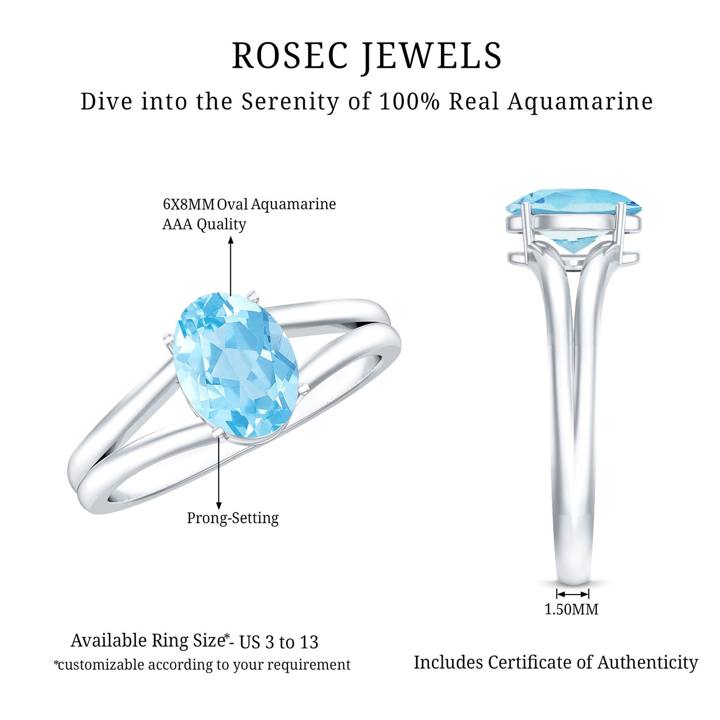 Genuine Oval Aquamarine Solitaire Engagement Ring in Split Shank
