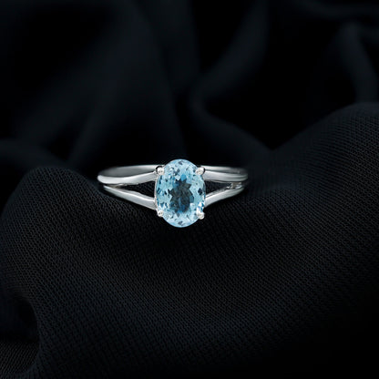 Genuine Oval Aquamarine Solitaire Engagement Ring in Split Shank