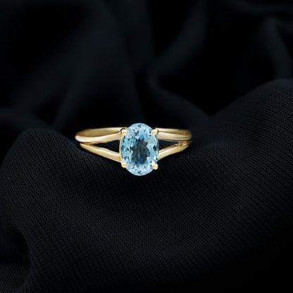 Genuine Oval Aquamarine Solitaire Engagement Ring in Split Shank