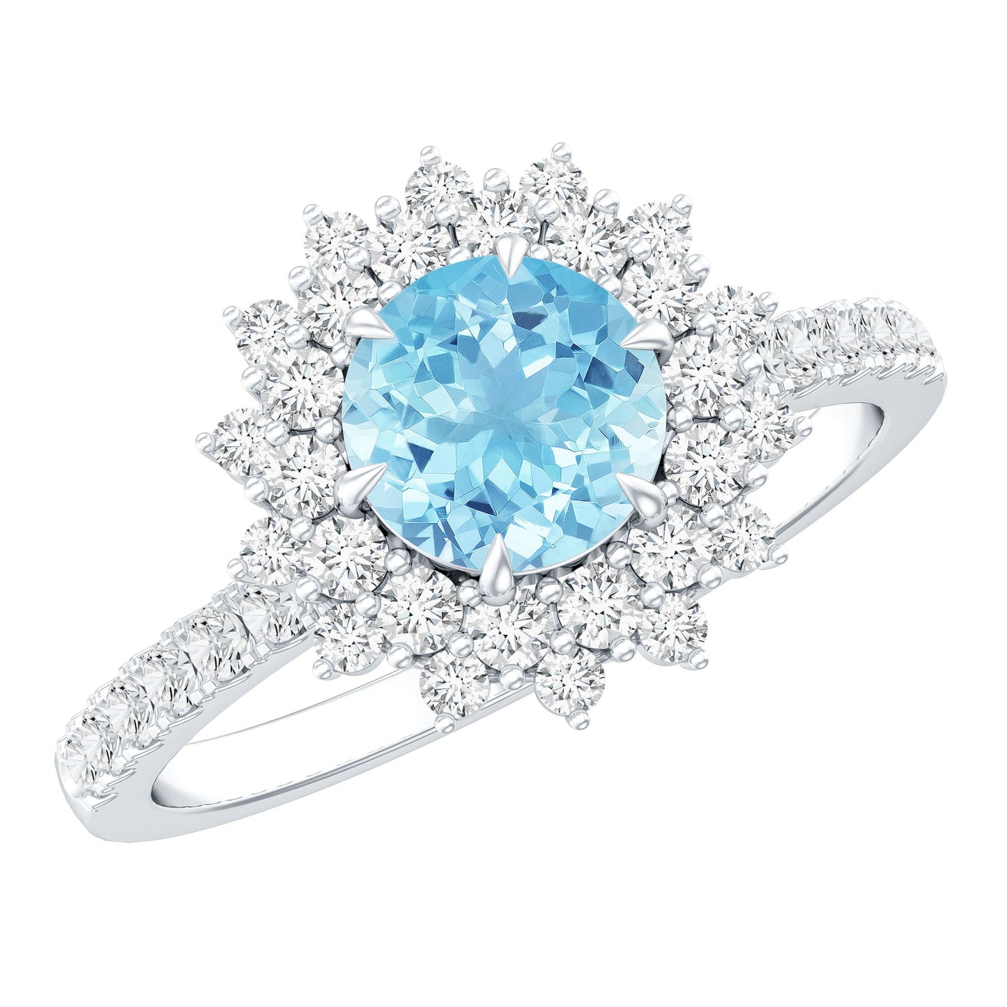 Genuine Aquamarine Cluster Engagement Ring With Certificate
