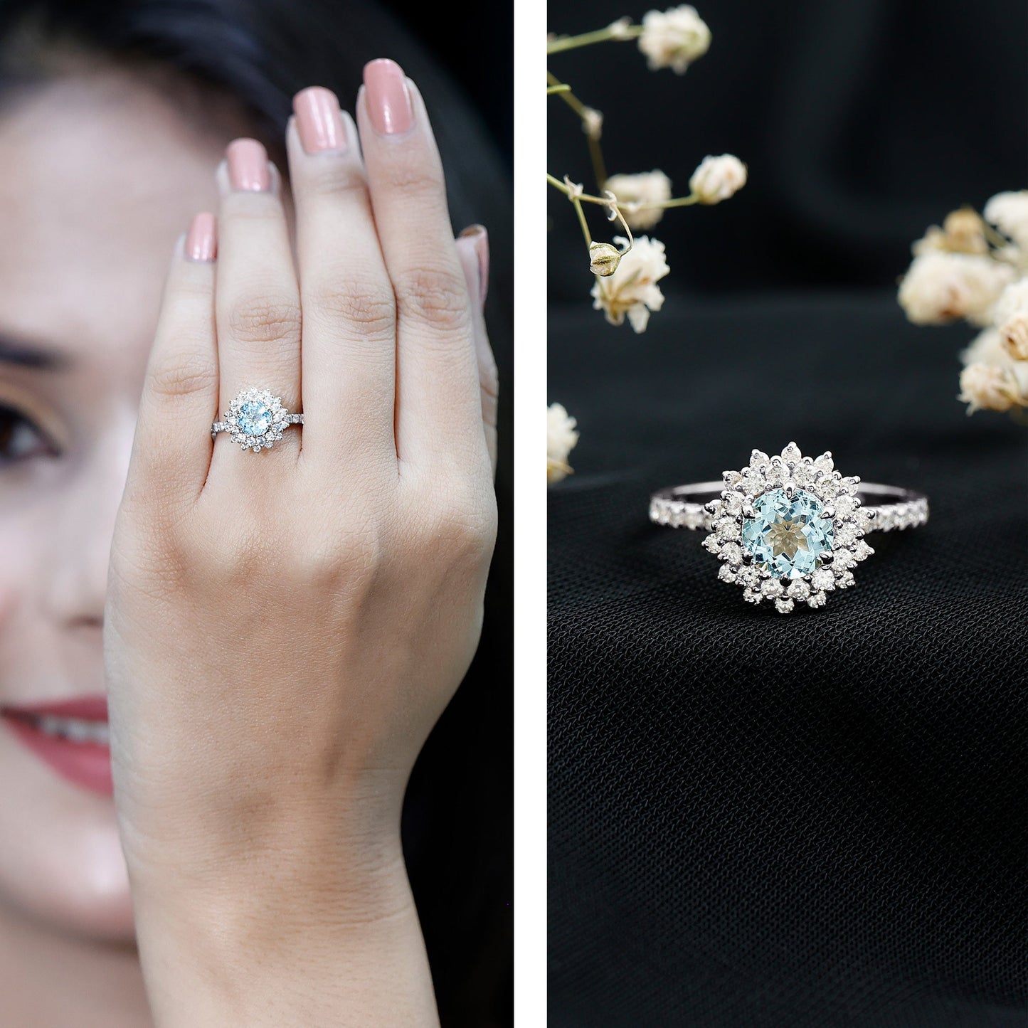 Genuine Aquamarine Cluster Engagement Ring With Certificate