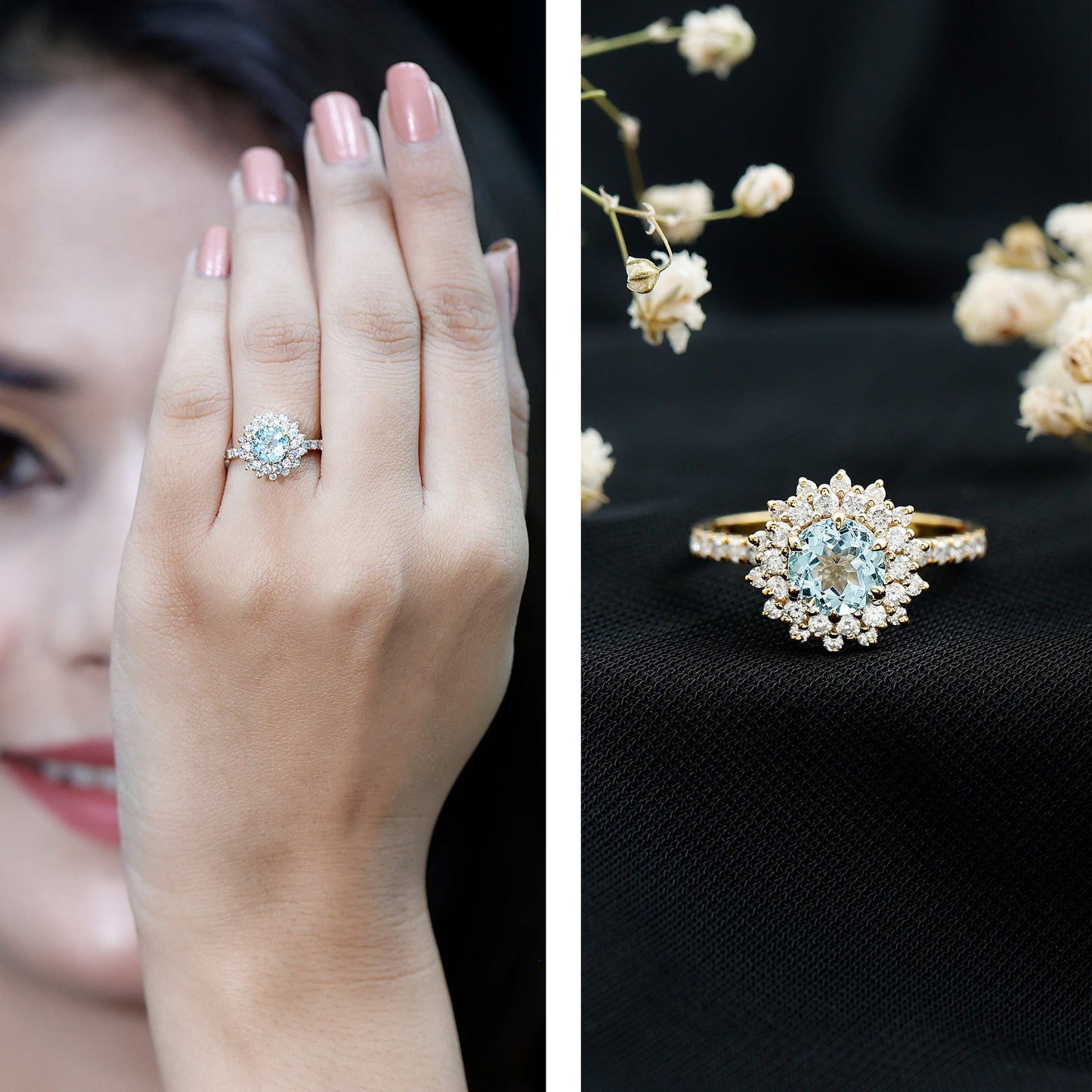 Genuine Aquamarine Cluster Engagement Ring With Certificate