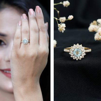 Genuine Aquamarine Cluster Engagement Ring With Certificate