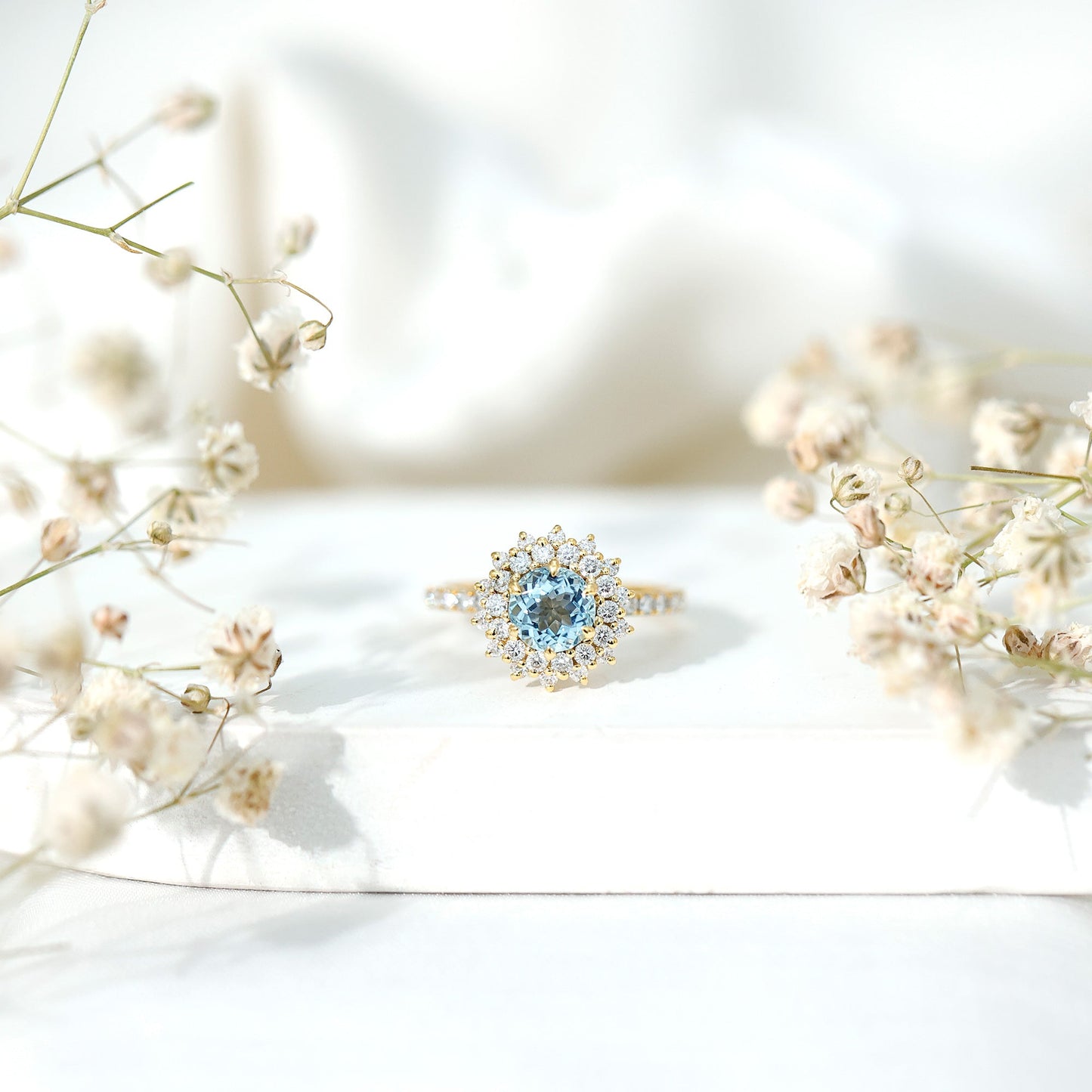 Genuine Aquamarine Cluster Engagement Ring With Certificate