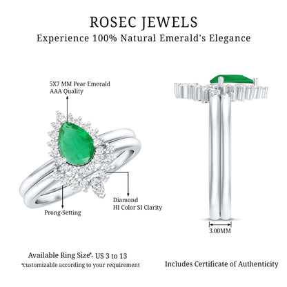 Natural Emerald Diamond Pear Shape Engagement Ring and Wedding Band Set