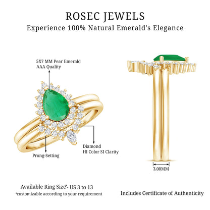 Natural Emerald Diamond Pear Shape Engagement Ring and Wedding Band Set