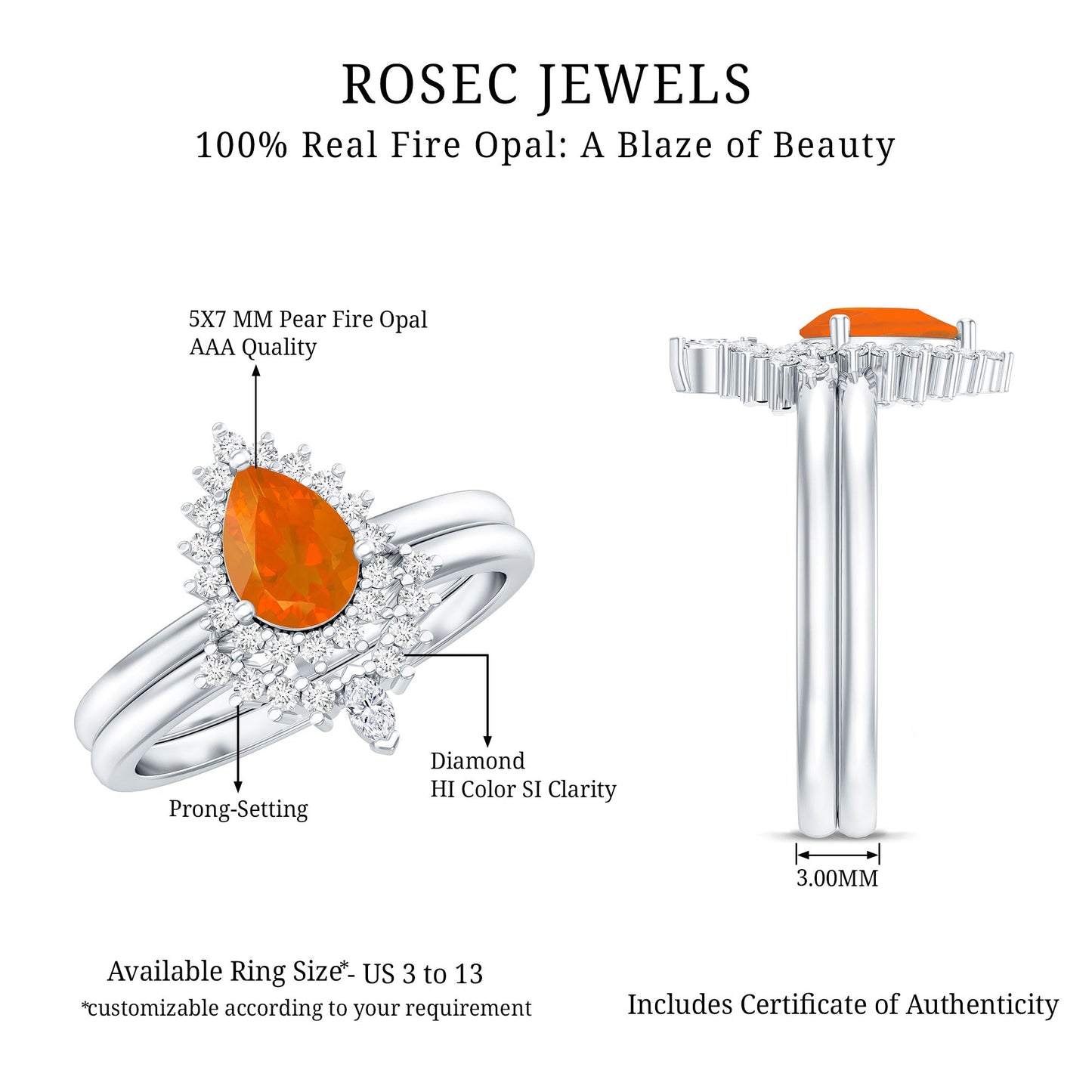 Real 0.6 Carat Fire Opal Teardrop Wedding Ring Set with Diamond Halo