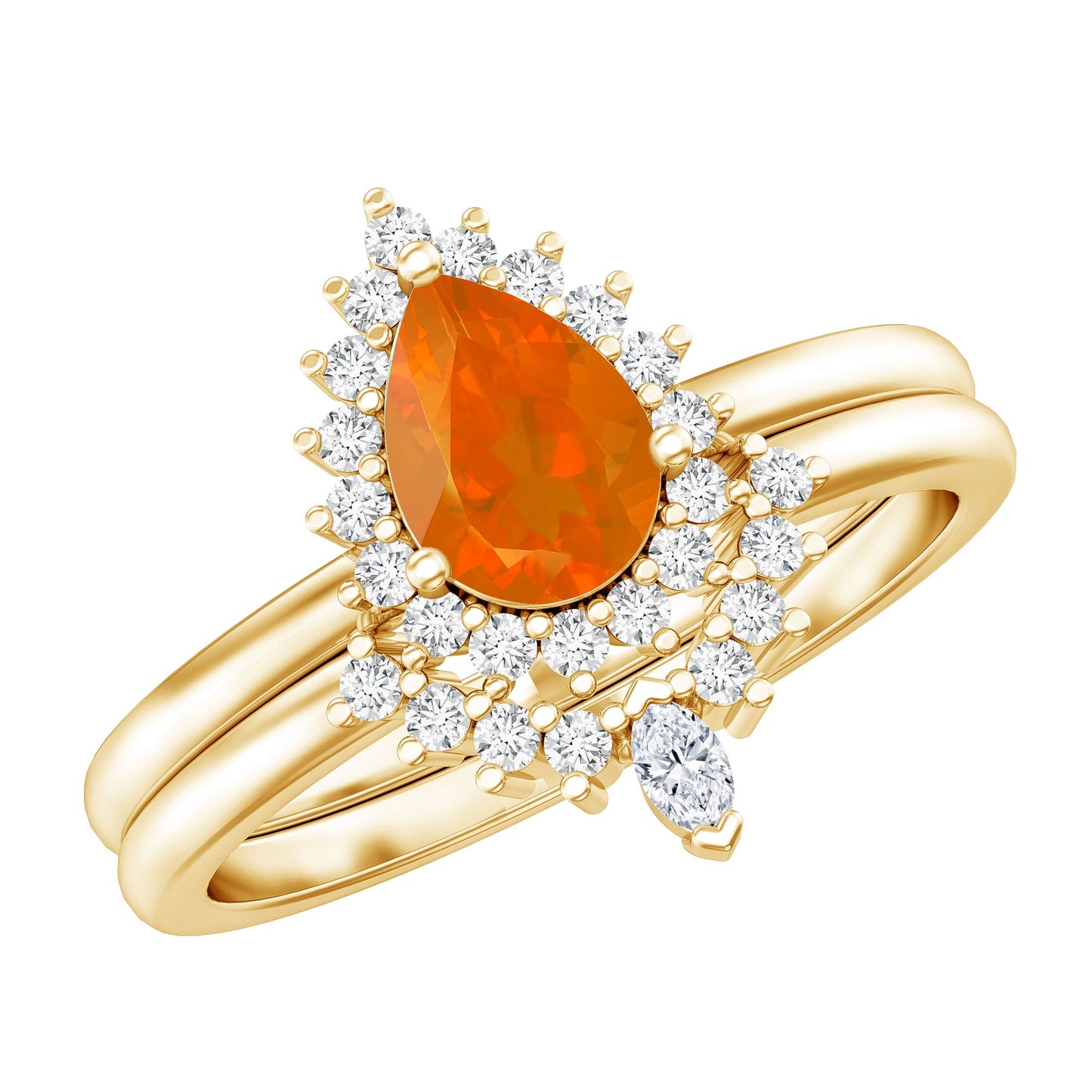 Real 0.6 Carat Fire Opal Teardrop Wedding Ring Set with Diamond Halo