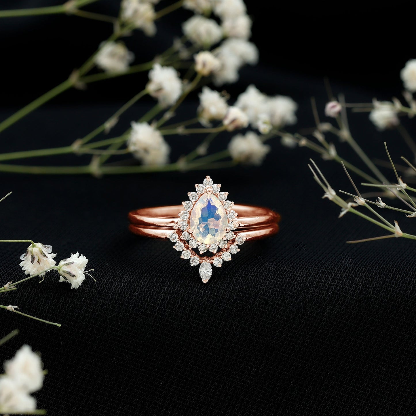 Genuine Pear Shape Rainbow Opal Vintage Inspired Engagement Ring with Enhancer