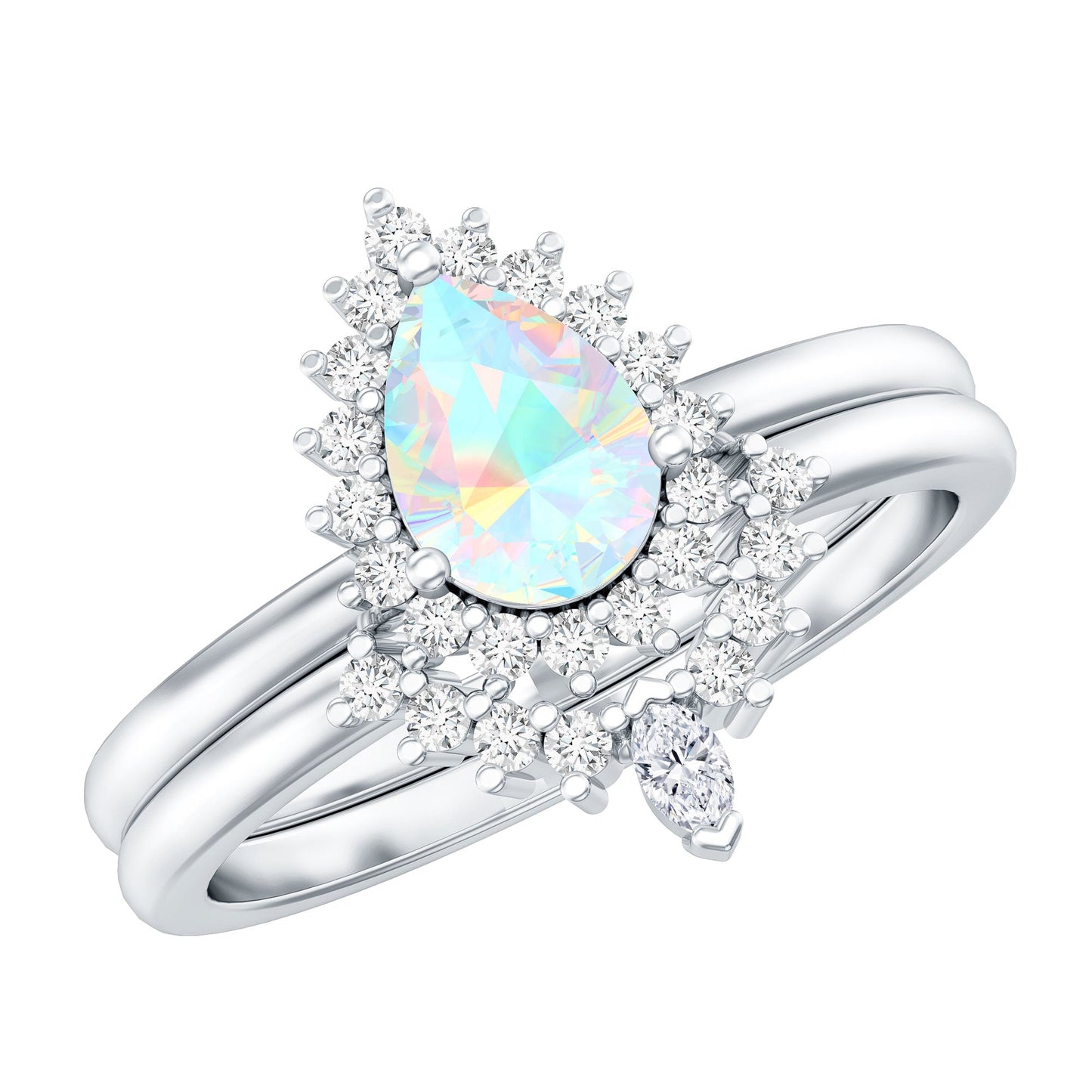 Genuine Pear Shape Rainbow Opal Vintage Inspired Engagement Ring with Enhancer