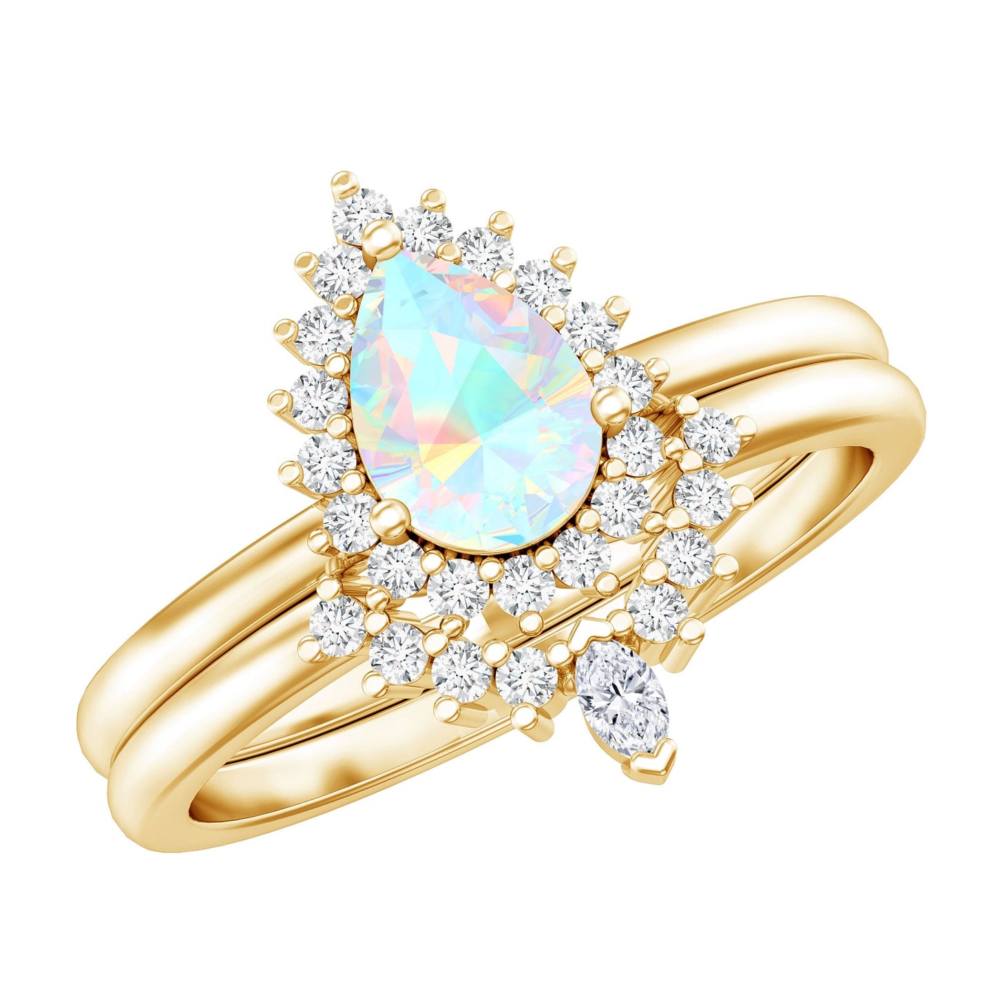 Genuine Pear Shape Rainbow Opal Vintage Inspired Engagement Ring with Enhancer
