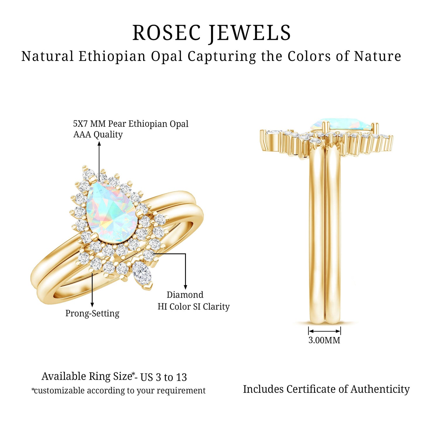 Genuine Pear Shape Rainbow Opal Vintage Inspired Engagement Ring with Enhancer