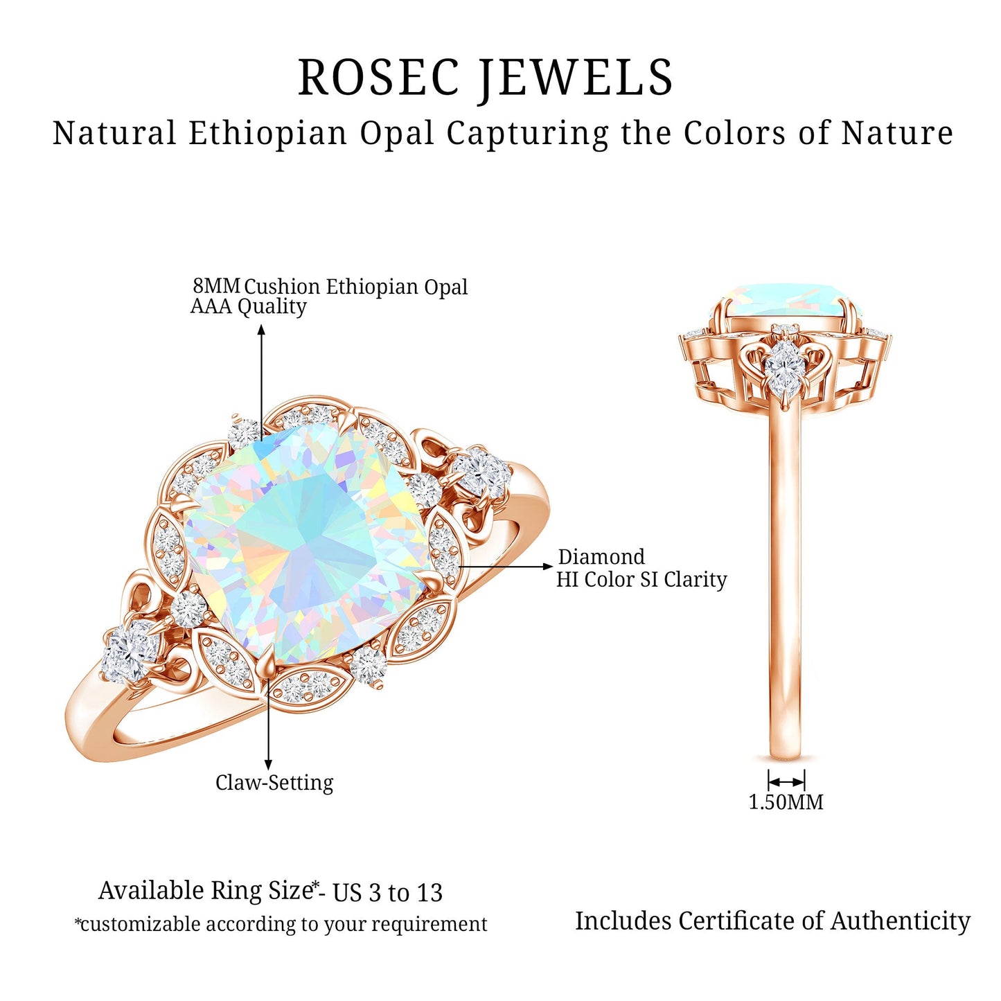 Real Cushion Cut Ethiopian Opal Antique Looking Engagement Ring with Diamond