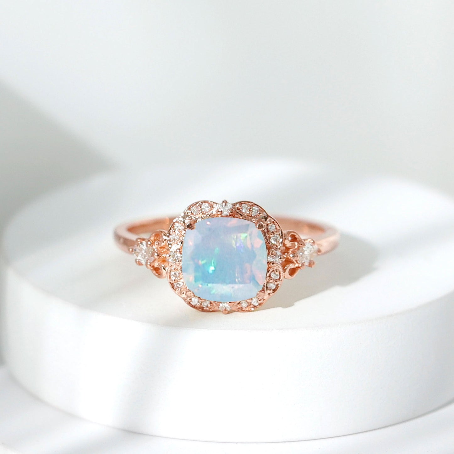 Real Cushion Cut Ethiopian Opal Antique Looking Engagement Ring with Diamond
