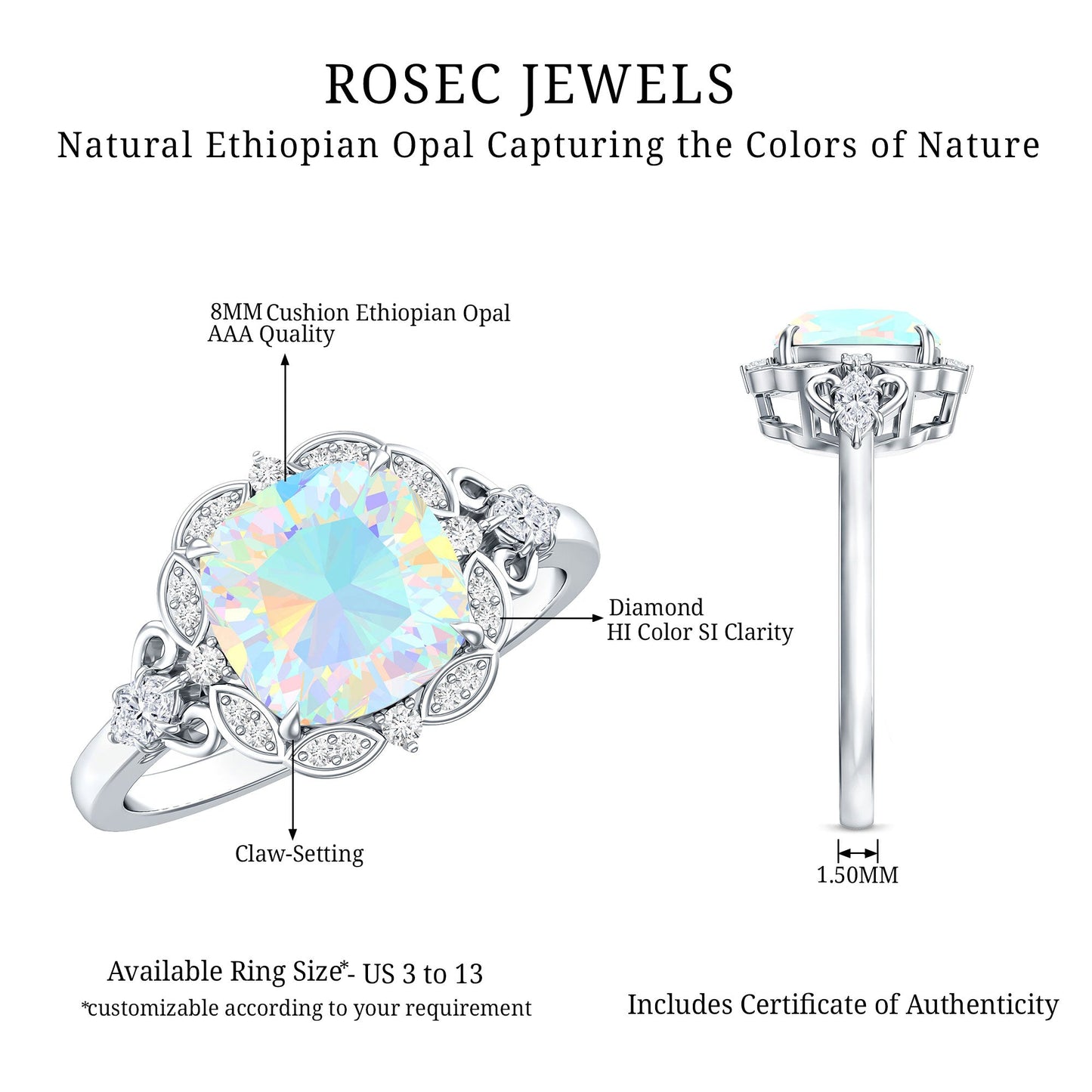 Real Cushion Cut Ethiopian Opal Antique Looking Engagement Ring with Diamond