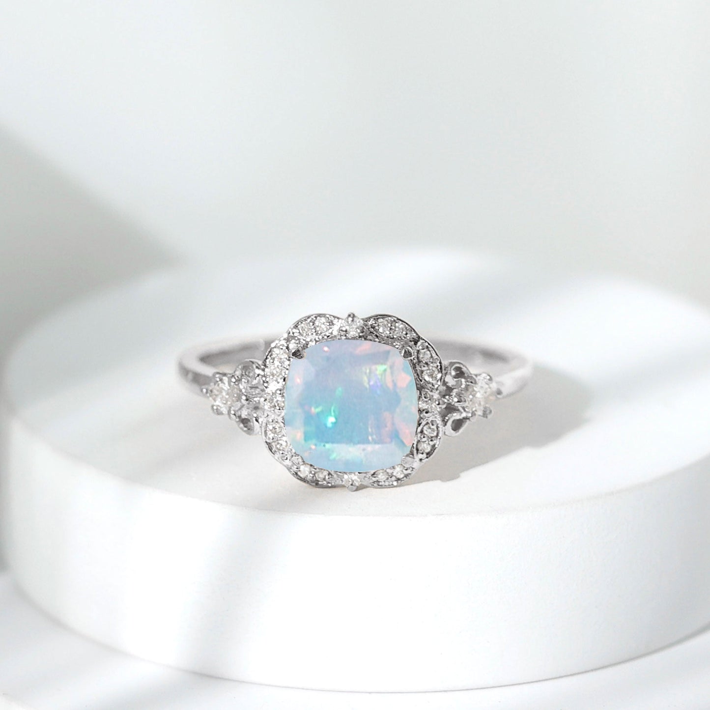 Real Cushion Cut Ethiopian Opal Antique Looking Engagement Ring with Diamond