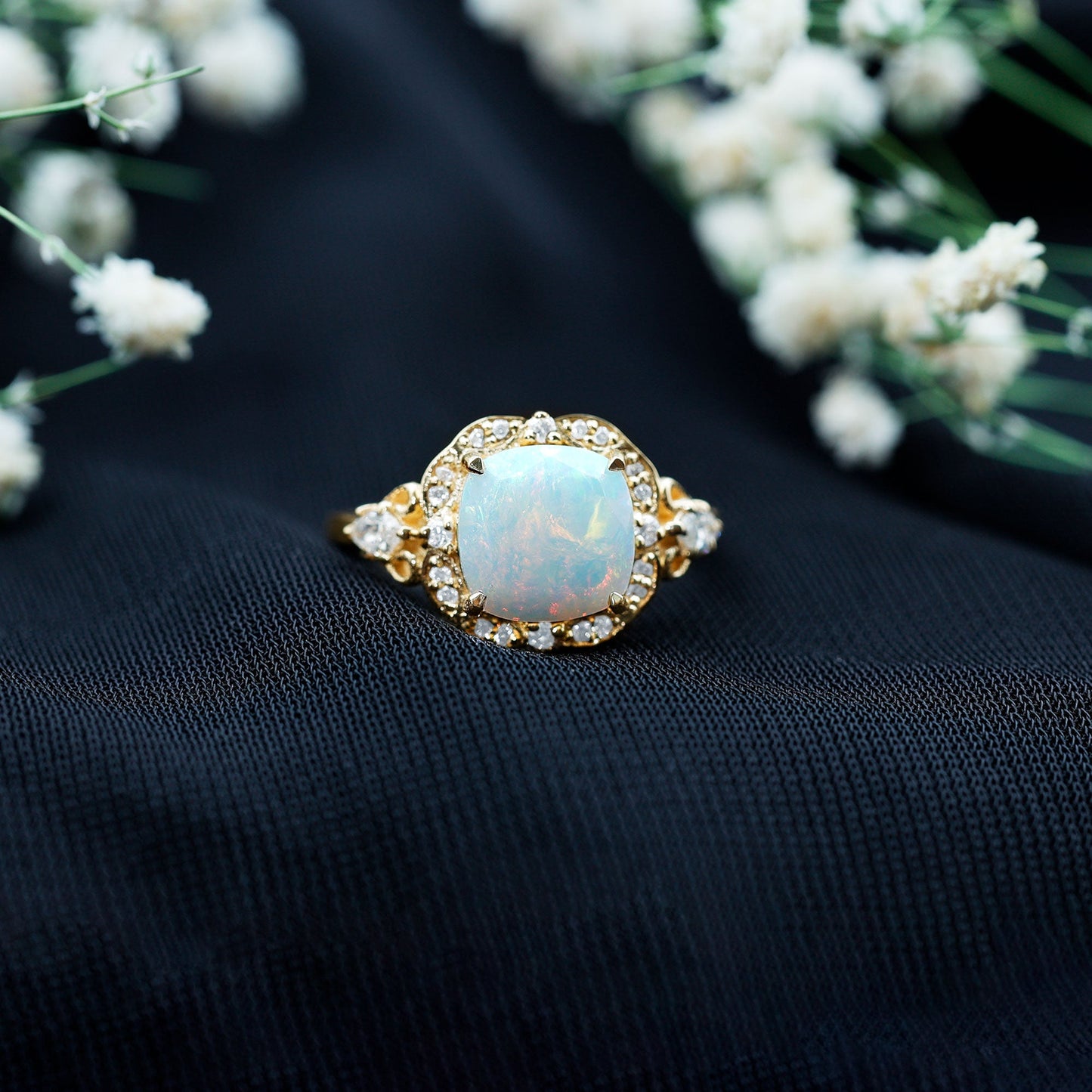 Real Cushion Cut Ethiopian Opal Antique Looking Engagement Ring with Diamond