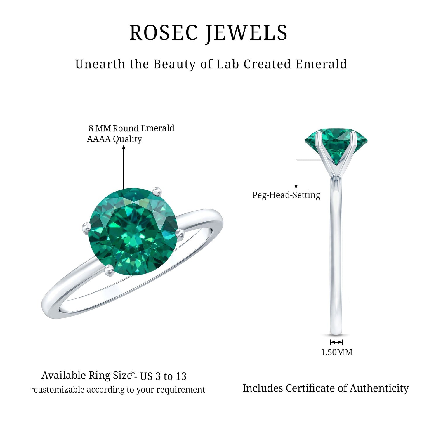 Certified 2 Carat Lab Grown Emerald Solitaire Engagement Ring