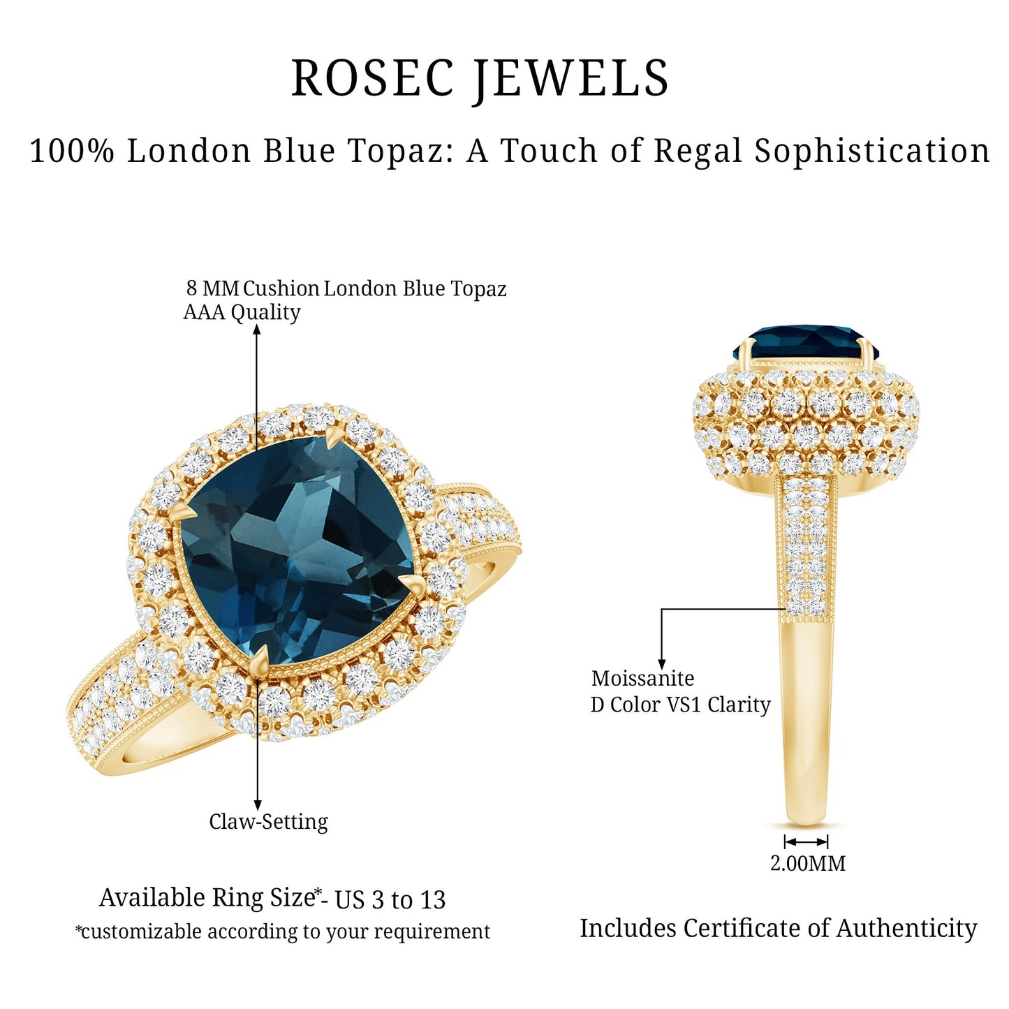 Vintage Inspired London Blue Topaz Designer Engagement Ring with Moissanite