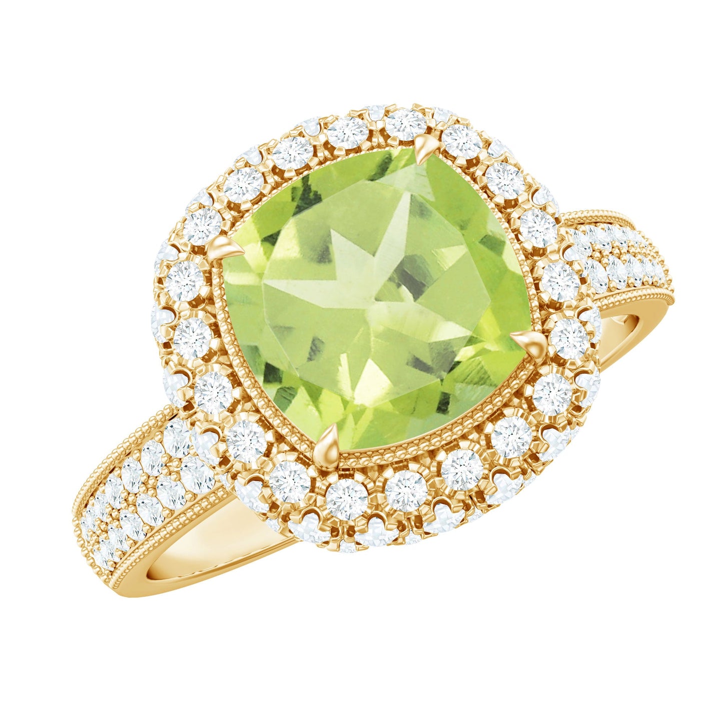Antique Style 2 Carat Cushion Cut Peridot Engagement Ring with Moissanite Halo