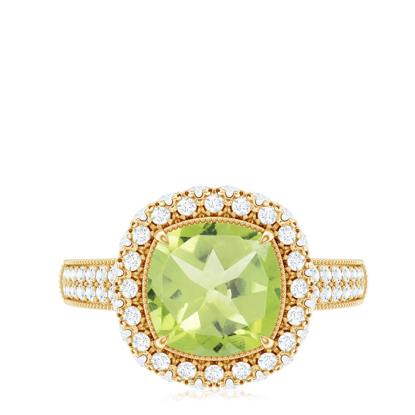 Antique Style 2 Carat Cushion Cut Peridot Engagement Ring with Moissanite Halo