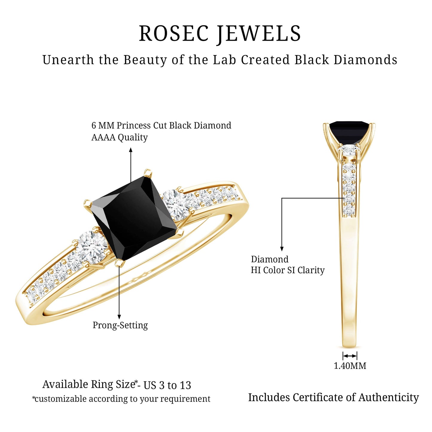 Certified 1 Carat Lab Grown Black and White Diamond Princess Cut Engagement Ring