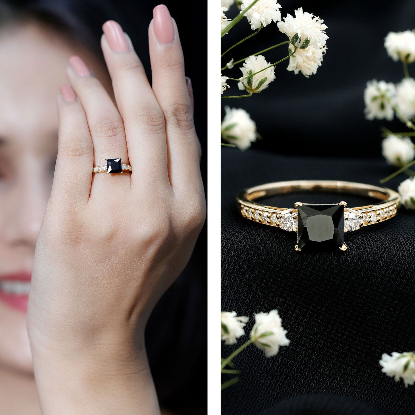 Certified 1 Carat Lab Grown Black and White Diamond Princess Cut Engagement Ring