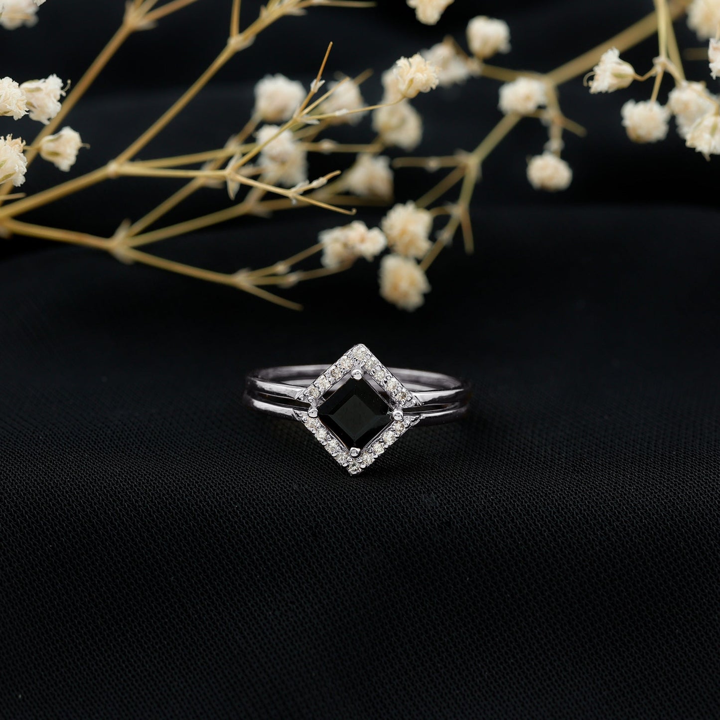 Real Black Onyx and Diamond Princess Cut Engagement Ring With Ring Guard
