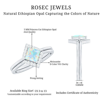 Natural Princess Cut Ethiopian Opal Engagement Ring with Diamond Enhancer