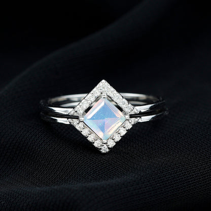 Natural Princess Cut Ethiopian Opal Engagement Ring with Diamond Enhancer