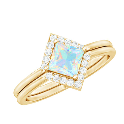 Natural Princess Cut Ethiopian Opal Engagement Ring with Diamond Enhancer