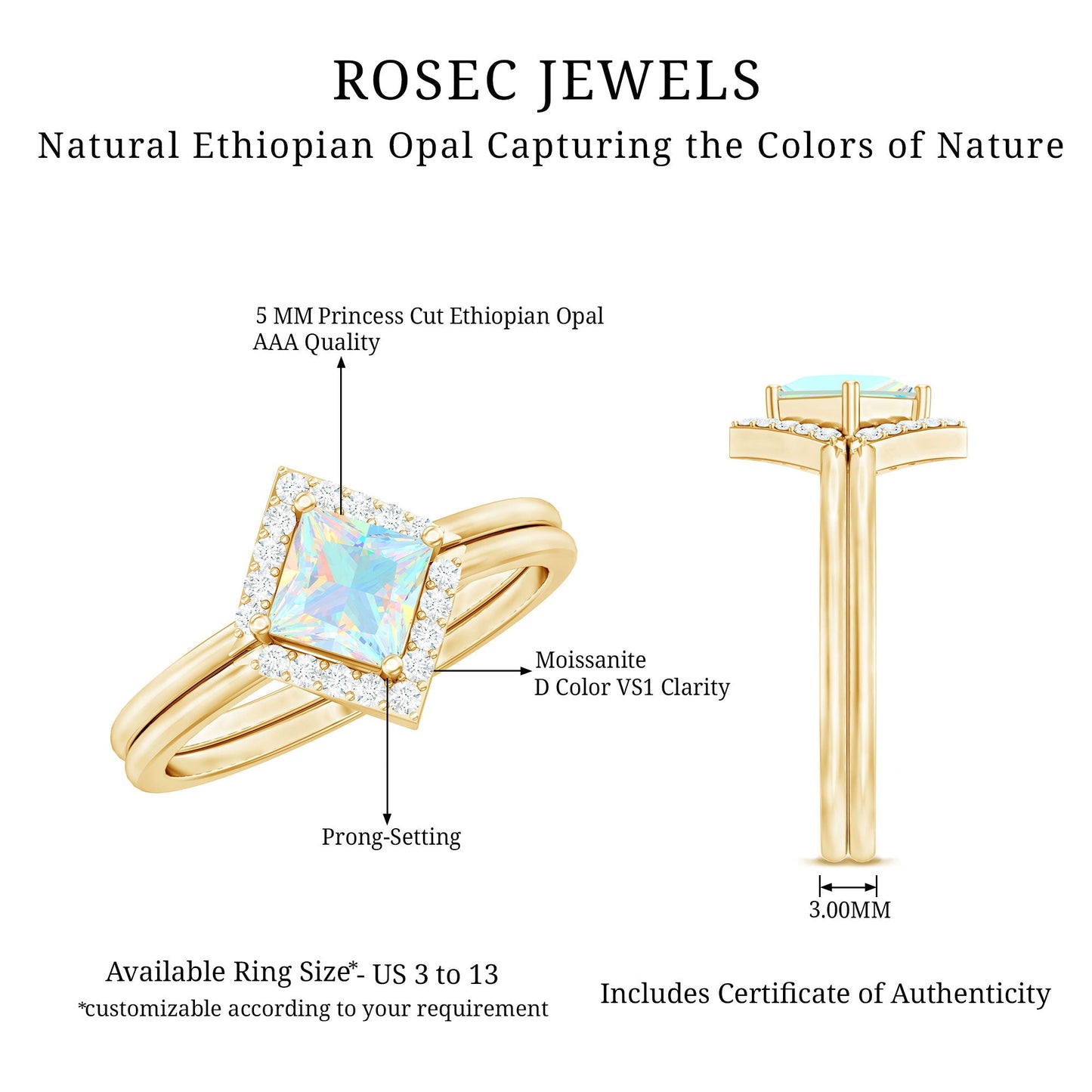 Natural Princess Cut Ethiopian Opal Engagement Ring with Diamond Enhancer