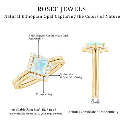 Natural Princess Cut Ethiopian Opal Engagement Ring with Diamond Enhancer