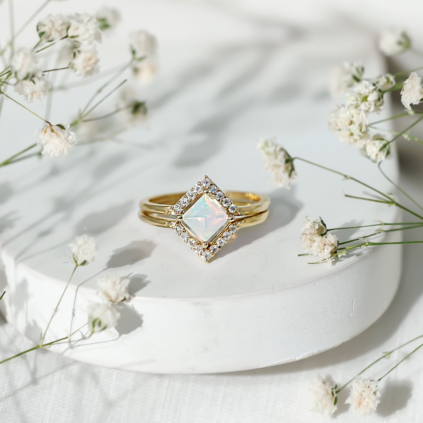 Natural Princess Cut Ethiopian Opal Engagement Ring with Diamond Enhancer