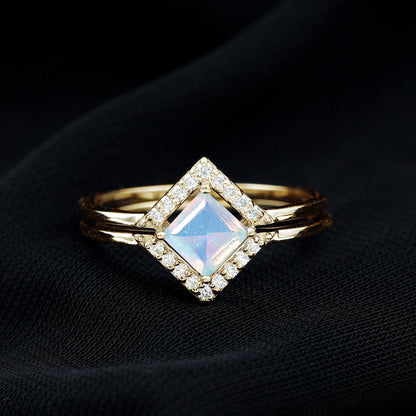Natural Princess Cut Ethiopian Opal Engagement Ring with Diamond Enhancer